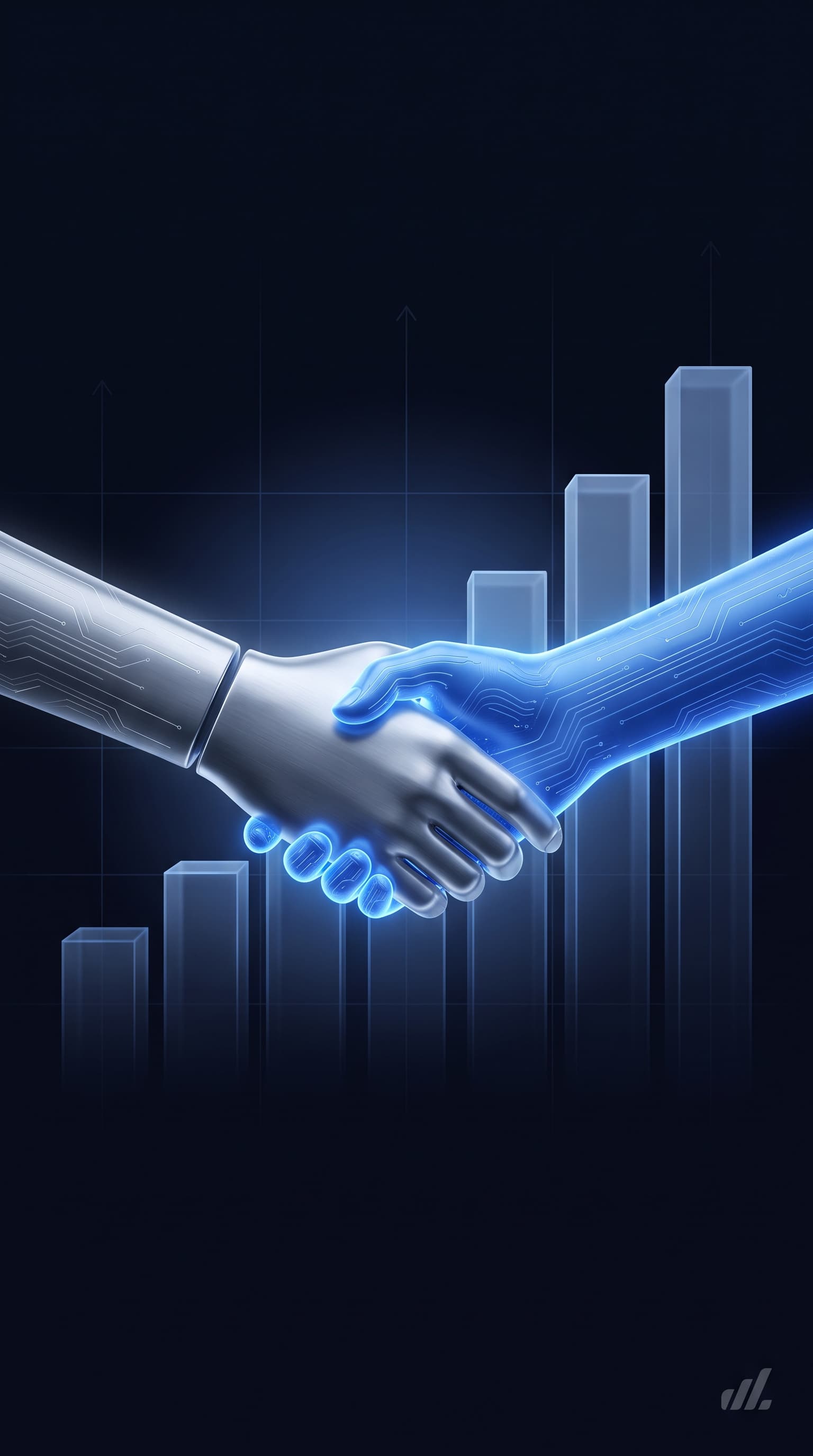 Illustration of a chrome robotic hand shaking a glowing circuit-lined hand above a rising bar chart, representing business and sales strategy coaching